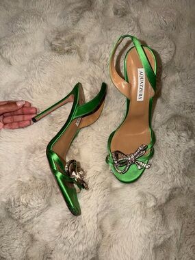 Aquazzura Emerald Green Satin Slingback Heels with Crystal Bow Accent